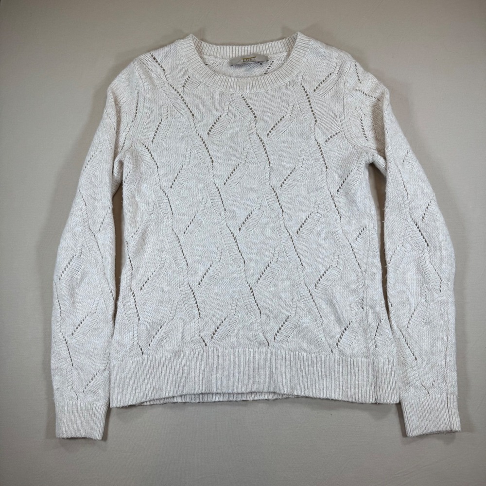 Loft Womens Small Cream Pointelle Chevron Cable Knit Cotton Wool Blend Sweater